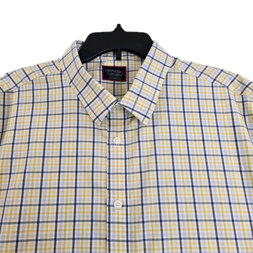 UNTUCKit Shirt Mens 2XL Yellow Blue Plaid Button Down Slim Fit Wrinkle Free